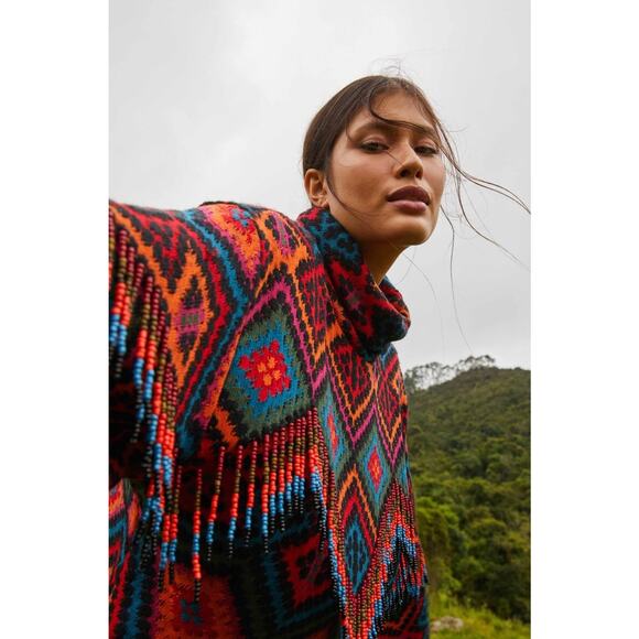 FARM Rio Sweaters - Farm Rio Rauti Beaded Sweater Small Turtleneck Aztec Knit Tassel Multicolor Top